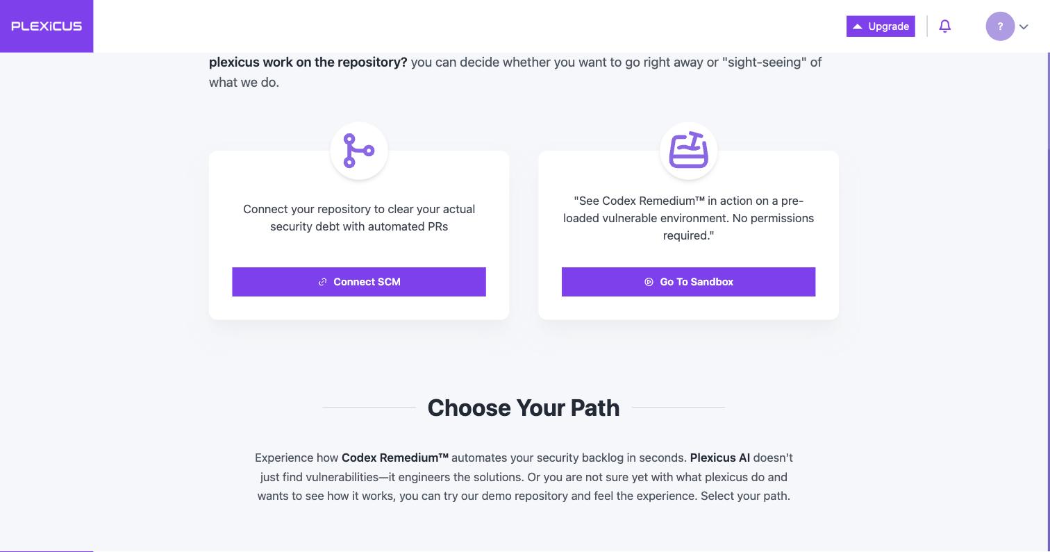 Onboarding screen offering Connect SCM or Go To Sandbox