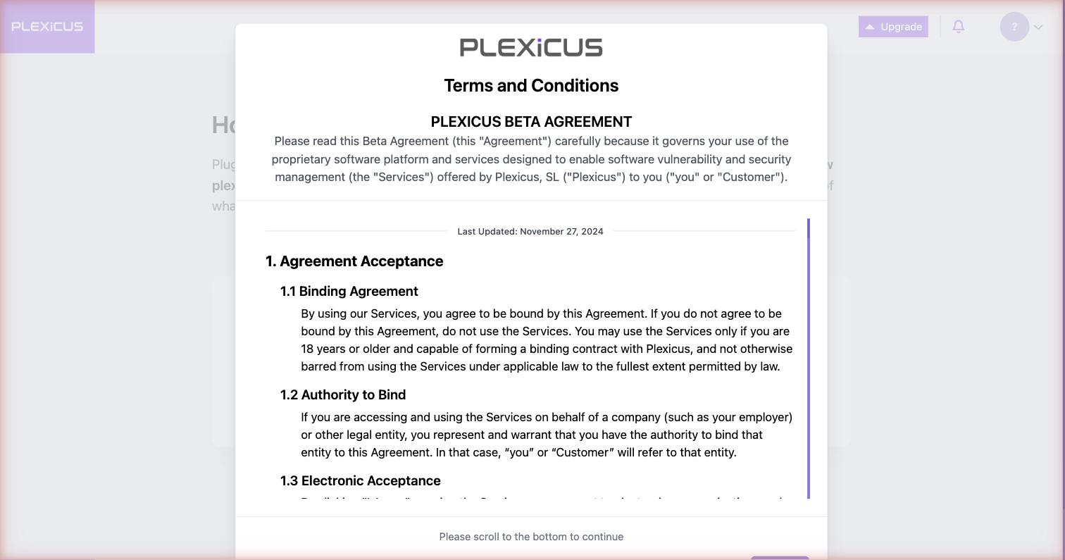 Plexicus Beta Agreement modal — must scroll to bottom
