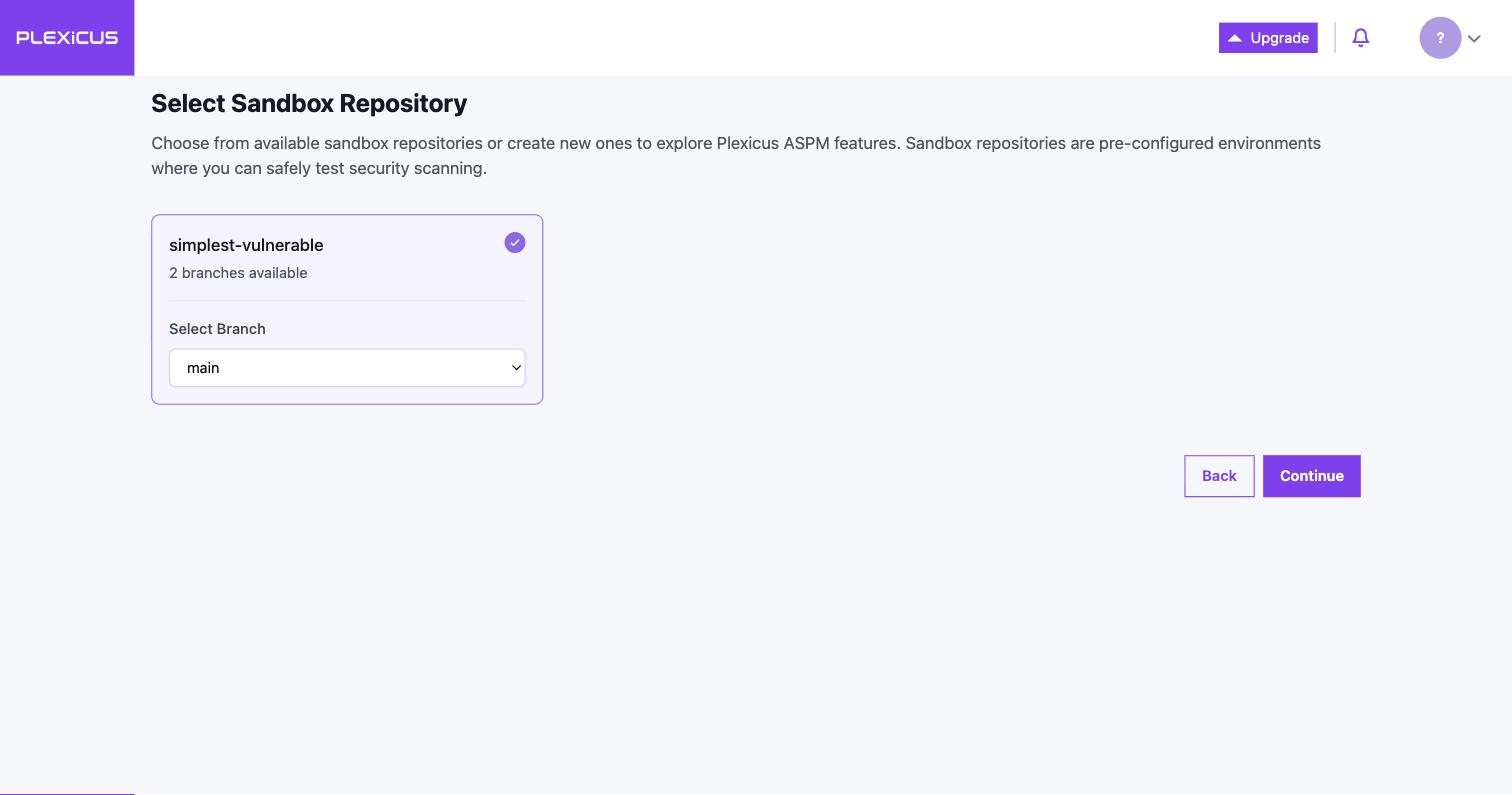 Sandbox repo selected, Continue enabled