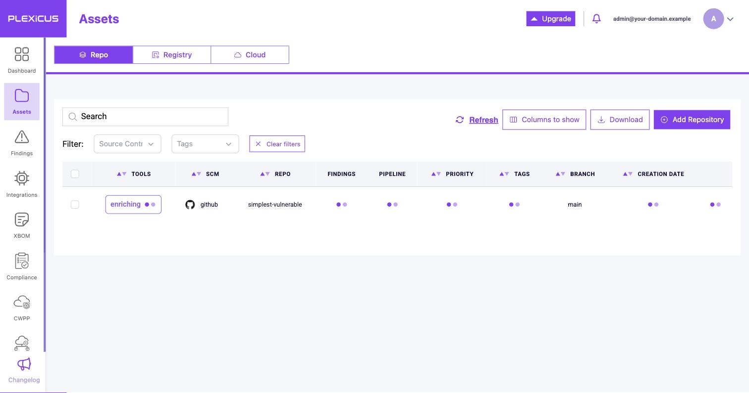 Assets list with simplest-vulnerable repository post-scan