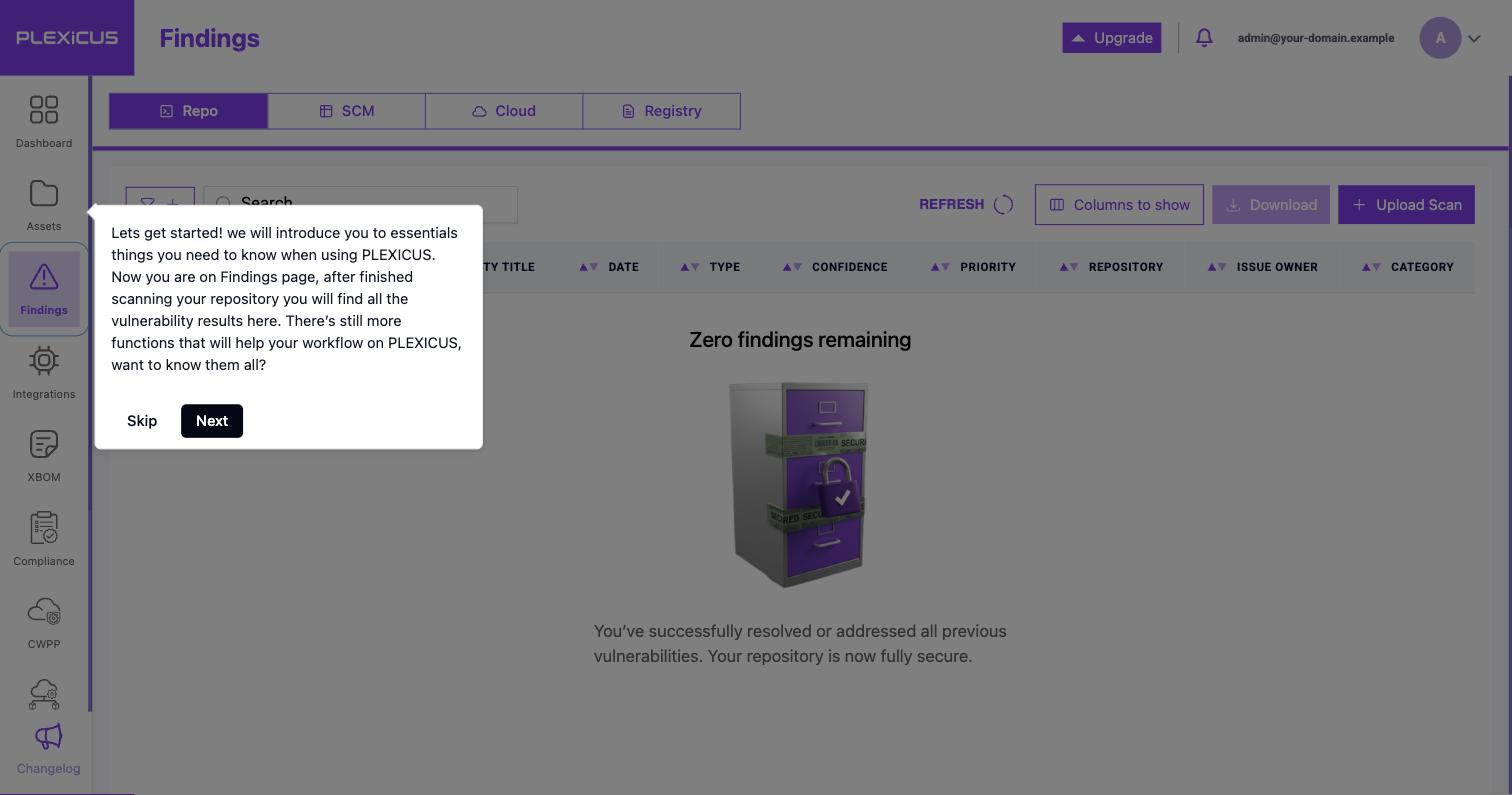 Findings page empty state on a new install